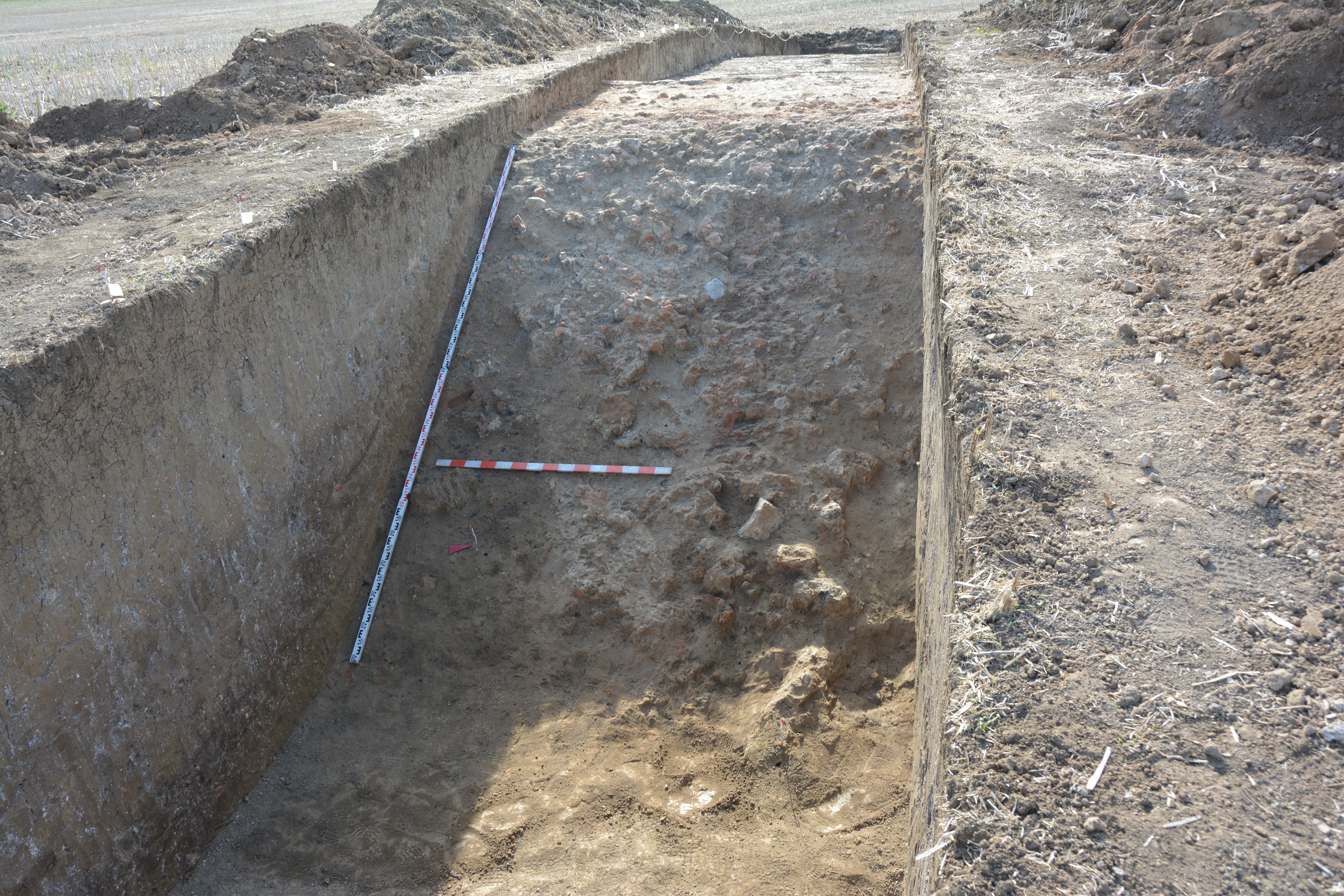 Figure 3: The scattered adobe rubble inside the trench.